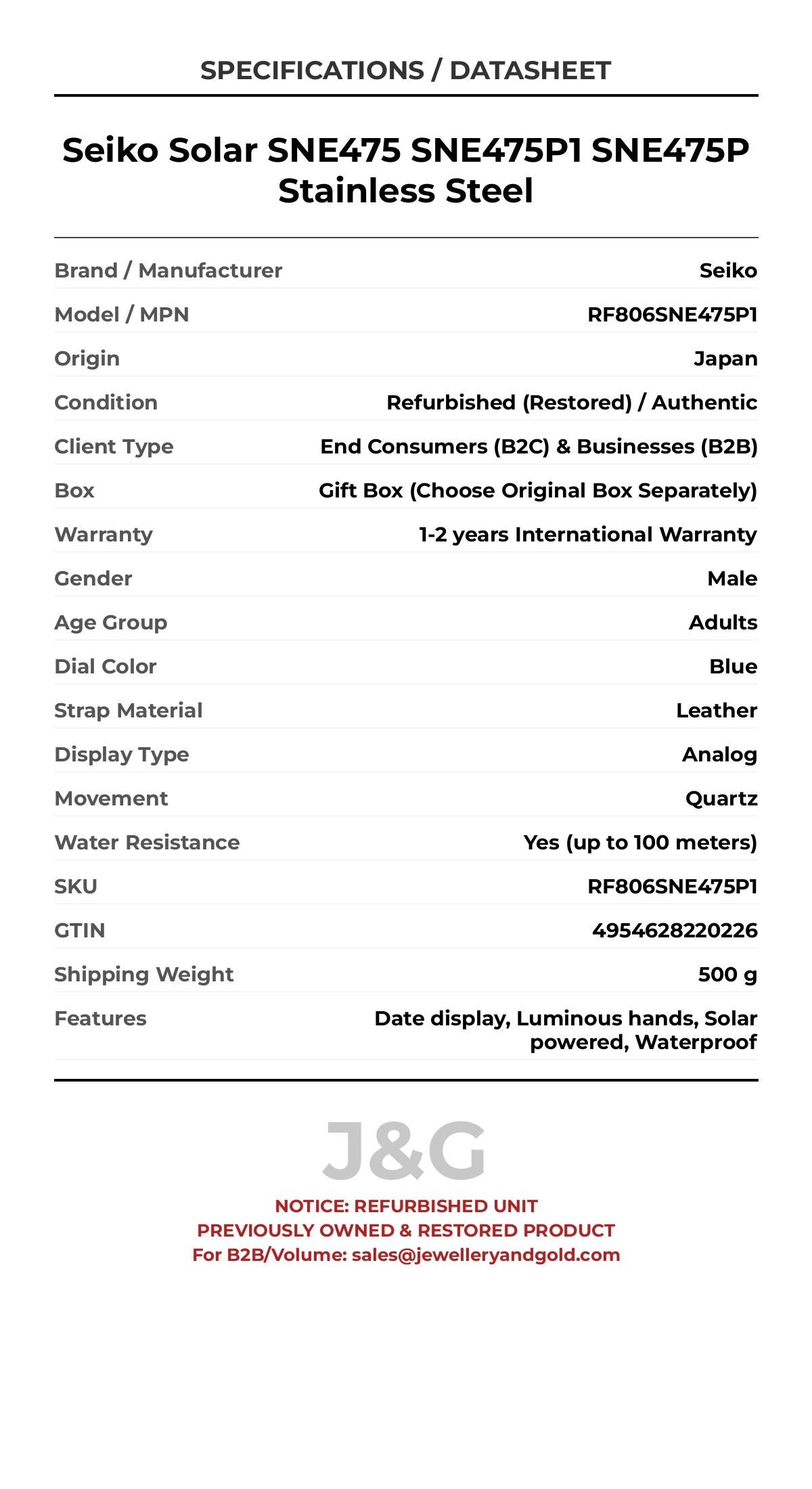 Seiko Solar SNE475 SNE475P1 SNE475P Stainless Steel. A professionally refurbished Seiko watch featuring a Blue dial and a Leather strap. Front view. - MAIN_PH