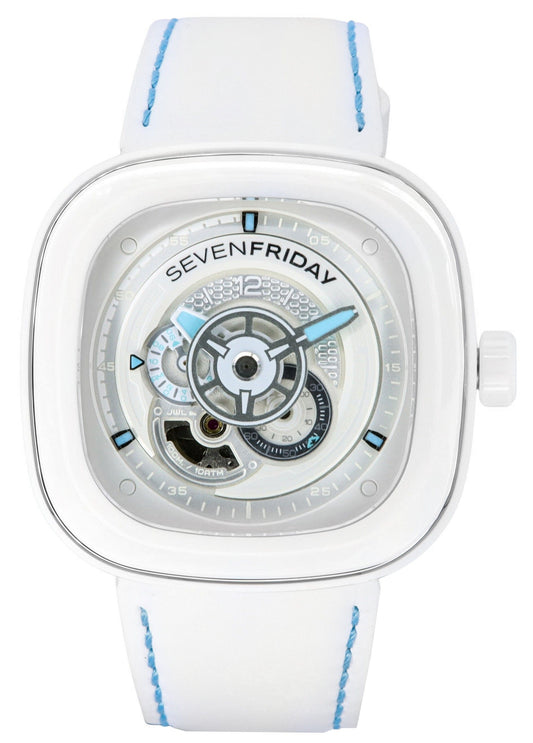 Sevenfriday P-Series Curacao Day-Night White Dial Automatic. A brand-new Seven Friday P-Series watch featuring a White dial. Side view.