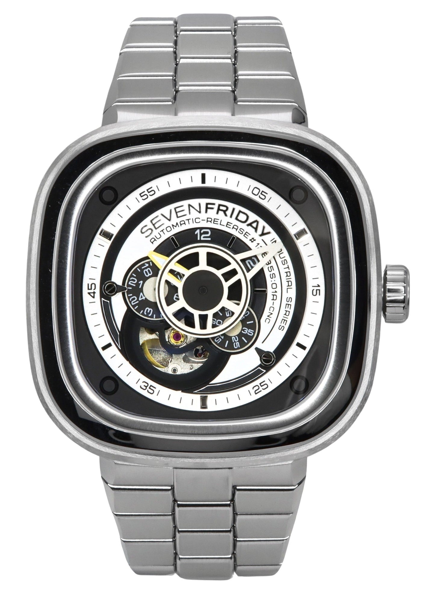 Sevenfriday P-Series NFC Black And White Open Heart Dial. A brand-new Seven Friday P-Series watch. Front view.