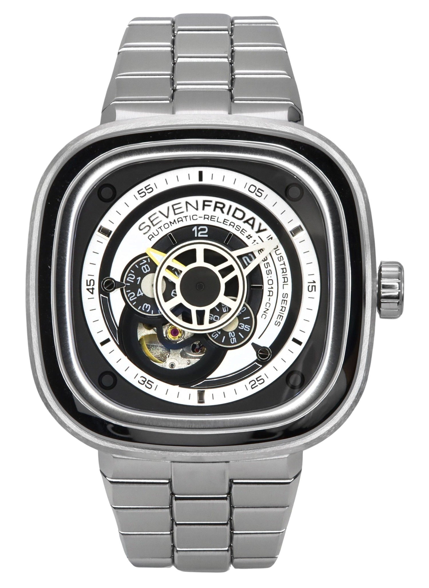 Sevenfriday P-Series NFC Black And White Open Heart Dial. A brand-new Seven Friday P-Series watch. Front view.