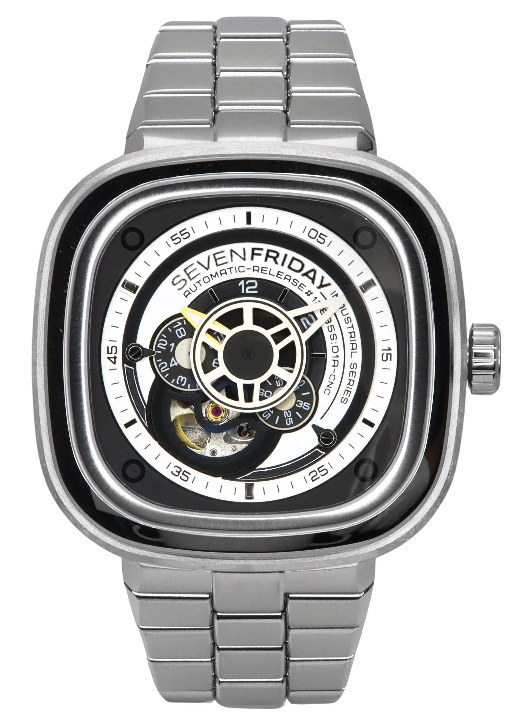 Sevenfriday P-Series NFC Black And White Open Heart Dial. A brand-new Seven Friday P-Series watch. Front view.