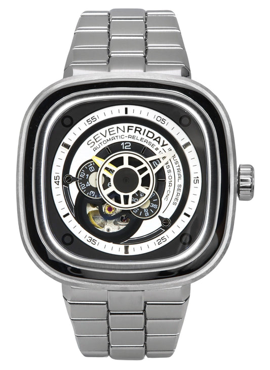 Sevenfriday P-Series NFC Black And White Open Heart Dial. A brand-new Seven Friday P-Series watch. Front view.