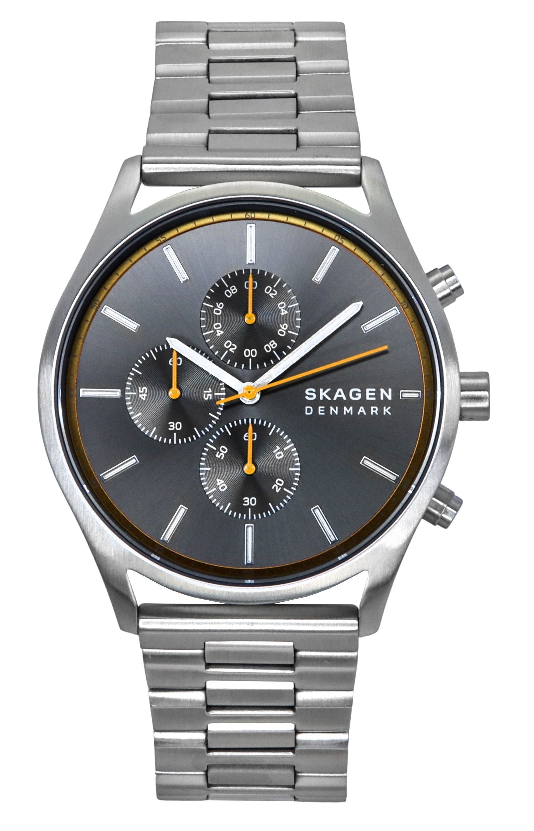 Skagen Holst Chronograph Stainless Steel Sunray Grey Dial. A brand-new Skagen Holst watch featuring a Grey dial and a Stainless steel strap. Angled view.