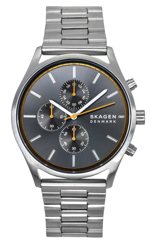 Skagen Holst Chronograph Stainless Steel Sunray Grey Dial. A brand-new Skagen Holst watch featuring a Grey dial and a Stainless steel strap. Angled view.