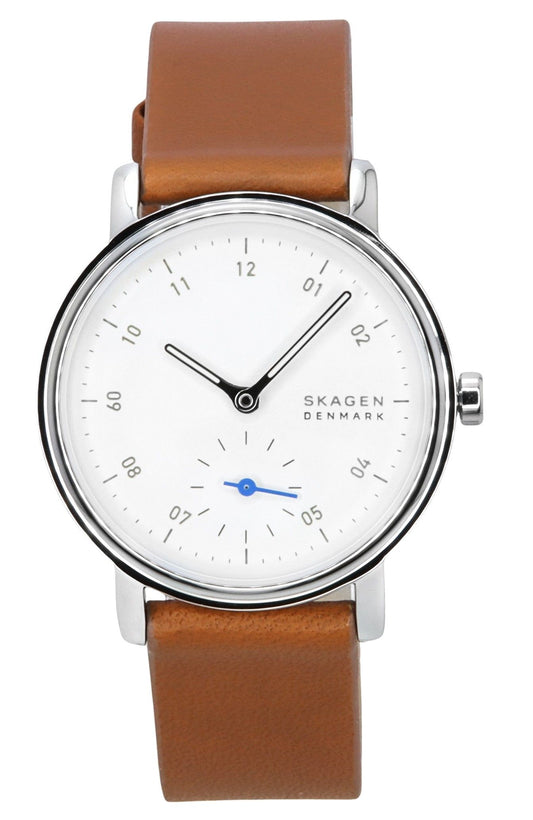 Skagen Kuppel Lille Brown Leather Strap White Dial Quartz Wo. A brand-new Skagen Kuppel watch featuring a White dial and a Leather strap. Front view.