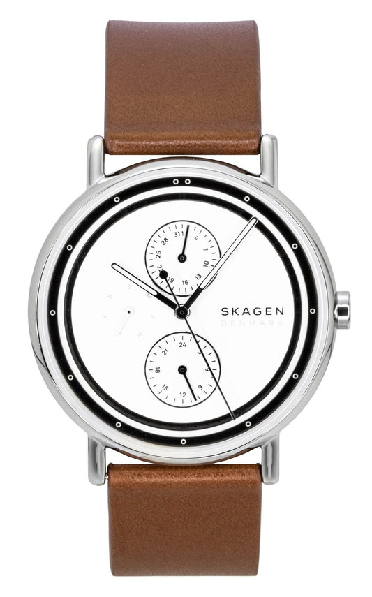 Skagen Signatur Leather Strap Multifunction Cream Dial. A brand-new Skagen Signatur watch featuring a Leather strap. Front view.