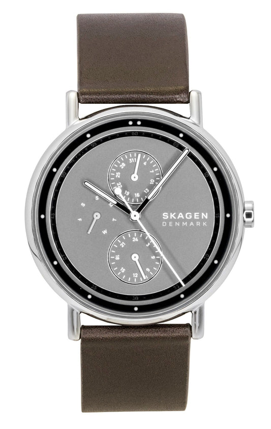 Skagen Signatur Leather Strap Multifunction Grey Dial Quartz. A brand-new Skagen Signatur watch featuring a Grey dial and a Leather strap. Side view.