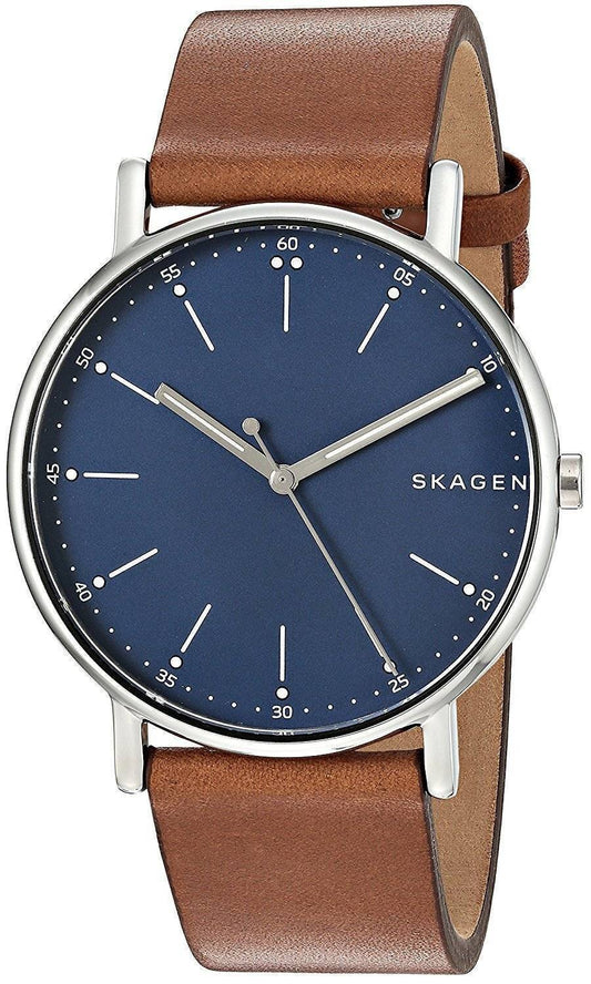 Skagen Signatur Quartz Stainless Steel Water Resistant. A brand-new Skagen Signatur watch featuring a Leather strap. Side view.