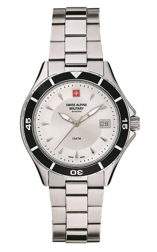 Swiss Alpine Military Aquatech Ladies Stainless Steel. A brand-new Swiss Alpine Military watch featuring a Silver dial and a Stainless steel strap. Side view.