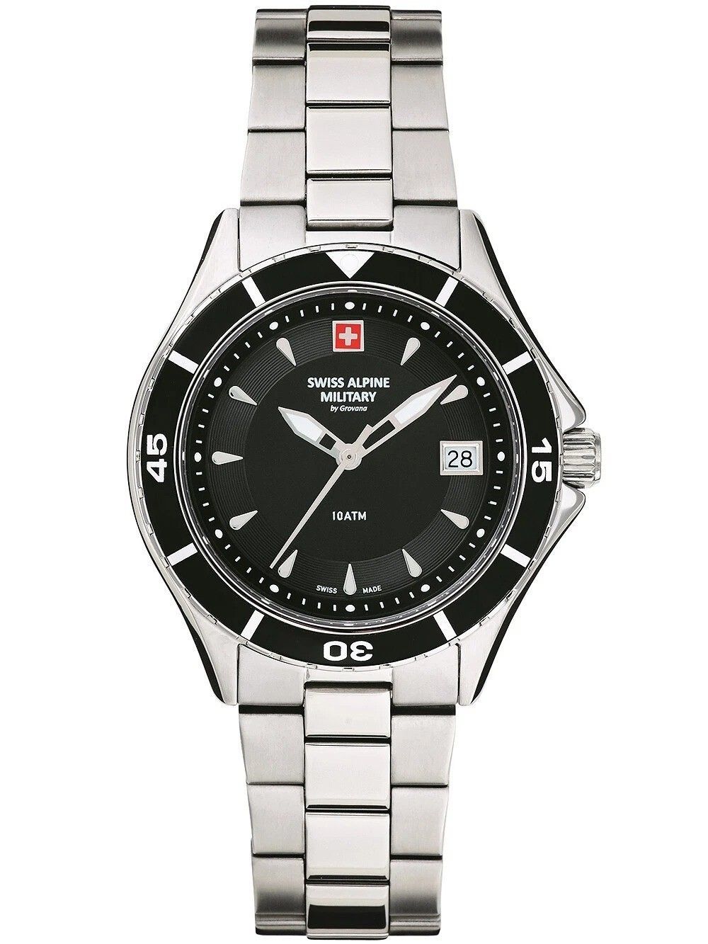Swiss Alpine Military Aquatech Ladies Stainless Steel Black. A brand-new Swiss Alpine Military watch featuring a Black dial and a Stainless steel strap. Front view.