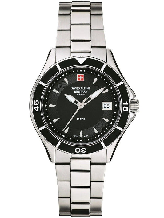 Swiss Alpine Military Aquatech Ladies Stainless Steel Black. A brand-new Swiss Alpine Military watch featuring a Black dial and a Stainless steel strap. Front view.