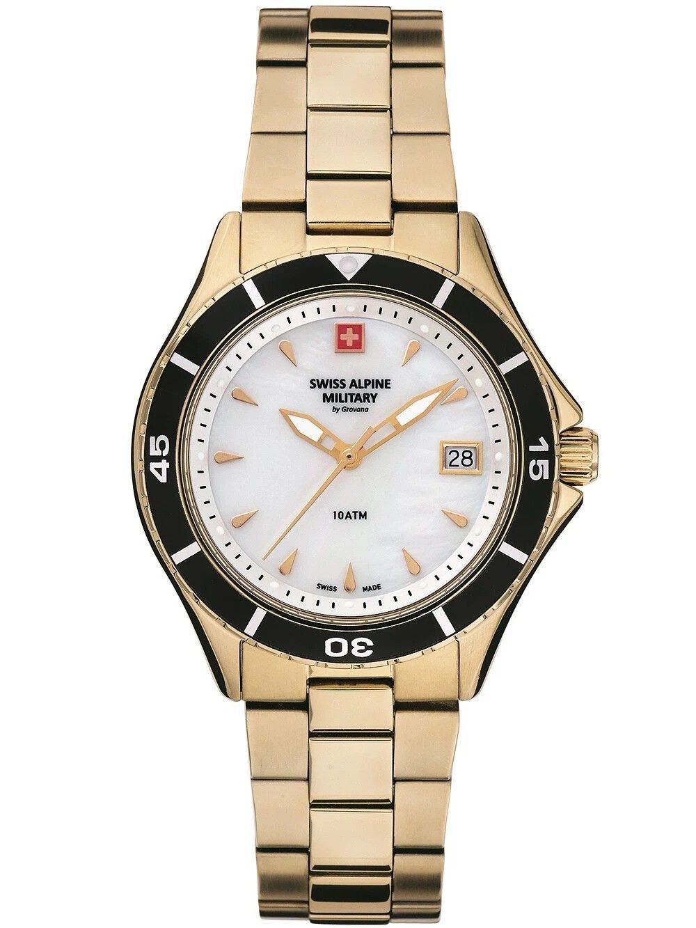 Swiss Alpine Military Aquatech Ladies White Mother Of Pearl. A brand-new Swiss Alpine Military watch featuring a Mother Of Pearl dial and a Stainless steel strap. Side view.