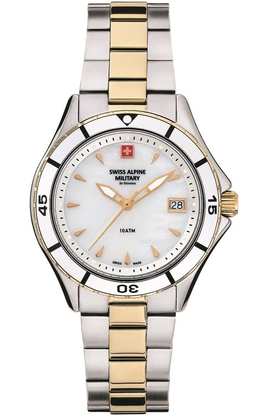 Swiss Alpine Military Aquatech Ladies White Mother Of Pearl. A brand-new Swiss Alpine Military watch featuring a Mother Of Pearl dial. Angled view.