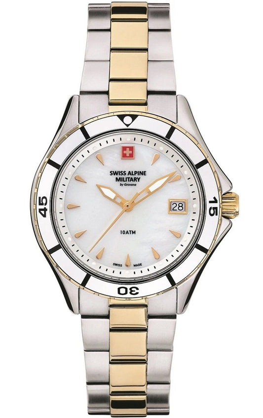 Swiss Alpine Military Aquatech Ladies White Mother Of Pearl. A brand-new Swiss Alpine Military watch featuring a Mother Of Pearl dial. Angled view.