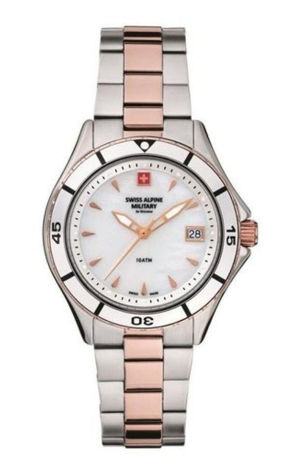 Swiss Alpine Military Aquatech Ladies White Mother Of Pearl. A brand-new Swiss Alpine Military watch featuring a Mother Of Pearl dial. Angled view.