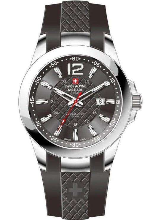 Swiss Alpine Military Combat Air Ladies Silicone Strap. A brand-new Swiss Alpine Military Combat watch featuring a Black dial and a Silicone strap. Side view.