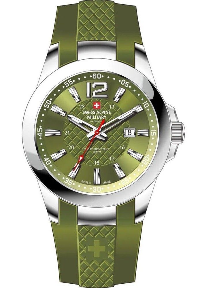 Swiss Alpine Military Combat Air Ladies Silicone Strap. A brand-new Swiss Alpine Military Combat watch featuring a Green dial and a Silicone strap. Front view.