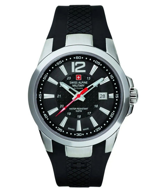 Swiss Alpine Military Combat Air Rubber Strap Black Dial. A brand-new Swiss Alpine Military Combat watch featuring a Black dial and a Rubber strap. Angled view.