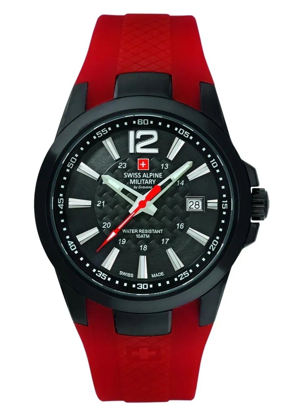 Swiss Alpine Military Combat Air Rubber Strap Black Dial. A brand-new Swiss Alpine Military Combat watch featuring a Black dial and a Rubber strap. Side view.