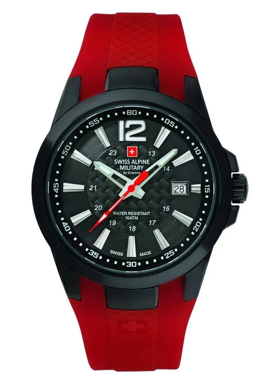 Swiss Alpine Military Combat Air Rubber Strap Black Dial. A brand-new Swiss Alpine Military Combat watch featuring a Black dial and a Rubber strap. Side view.