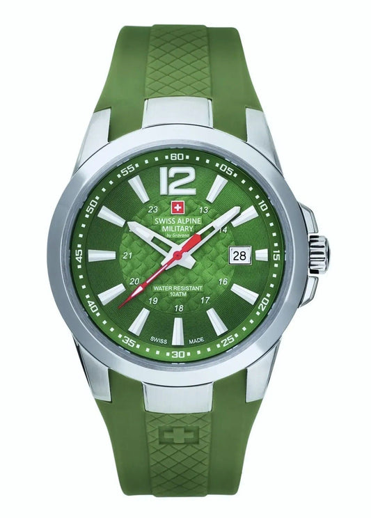 Swiss Alpine Military Combat Air Rubber Strap Green Dial. A brand-new Swiss Alpine Military Combat watch featuring a Green dial and a Rubber strap. Front view.