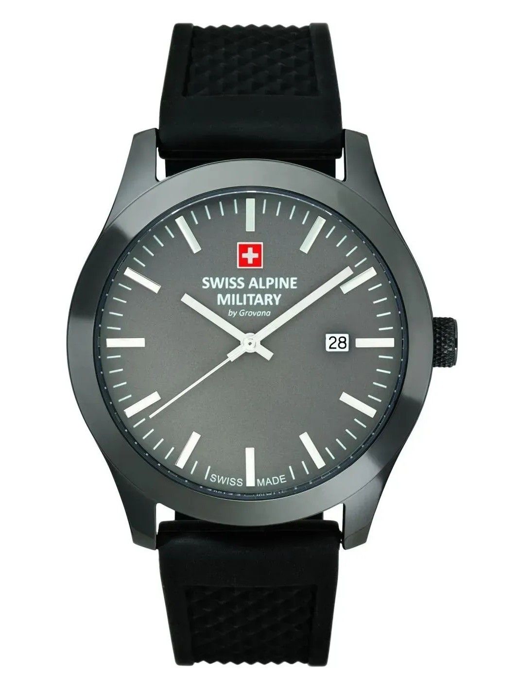 Swiss Alpine Military Combat Basic Rubber Strap Anthracite. A brand-new Swiss Alpine Military Combat watch featuring a Anthracite dial and a Rubber strap. Side view.