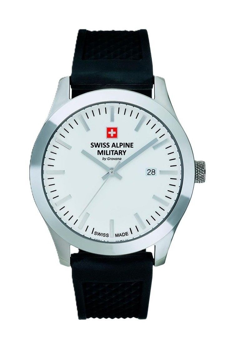 Swiss Alpine Military Combat Basic Rubber Strap White Dial. A brand-new Swiss Alpine Military Combat watch featuring a White dial and a Rubber strap. Front view.