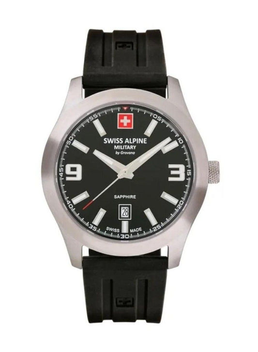 Swiss Alpine Military Combat Pro Rubber Strap Black Dial. A brand-new Swiss Alpine Military Combat watch featuring a Black dial and a Rubber strap. Front view.