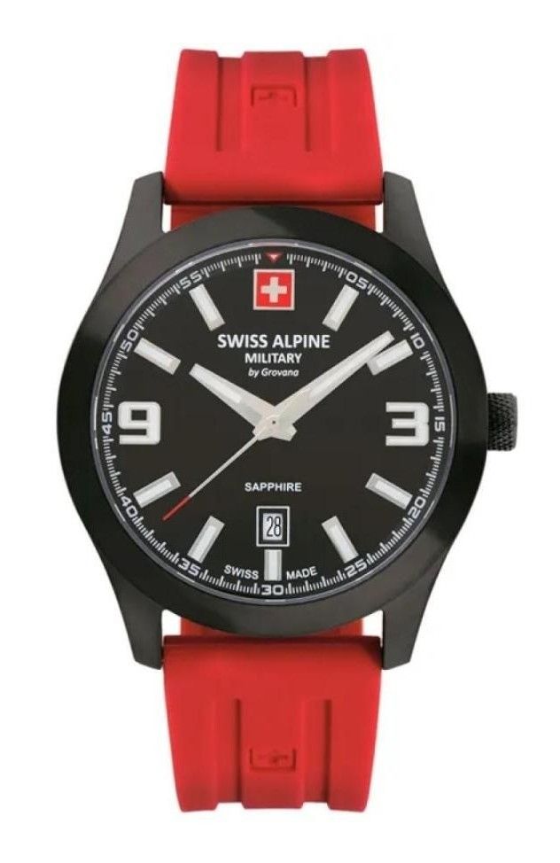 Swiss Alpine Military Combat Pro Rubber Strap Black Dial. A brand-new Swiss Alpine Military Combat watch featuring a Black dial and a Rubber strap. Side view.