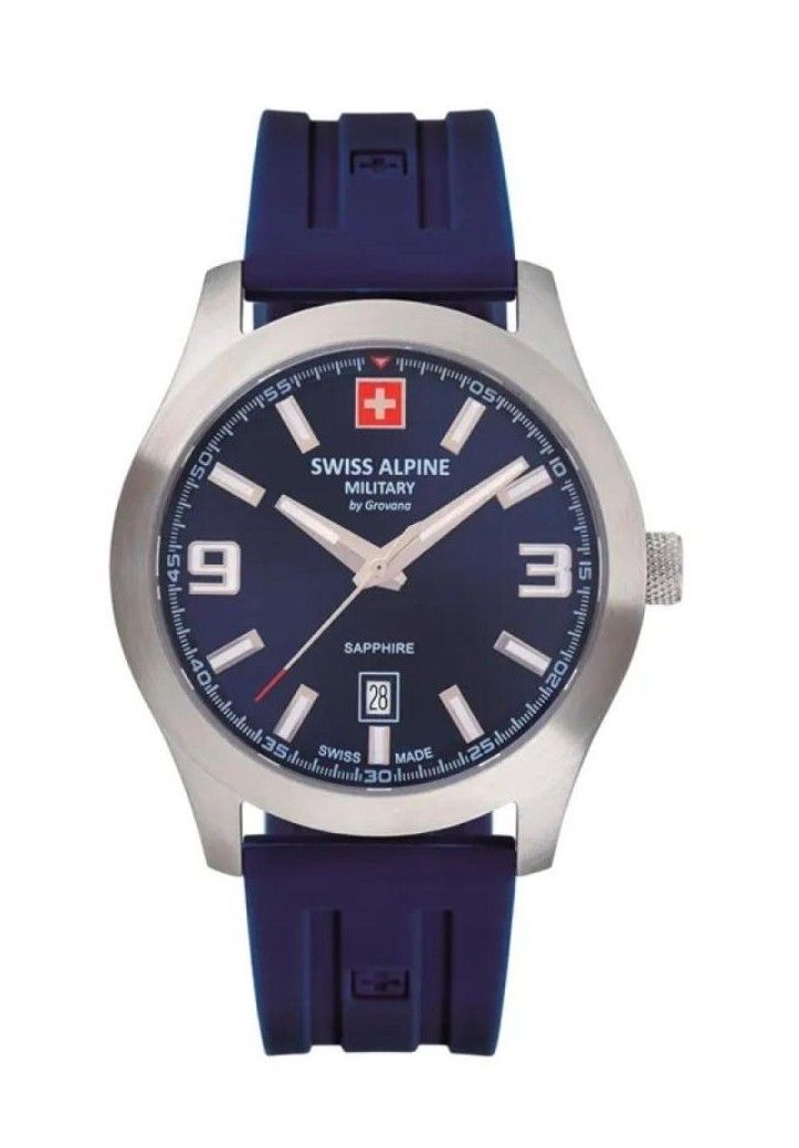Swiss Alpine Military Combat Pro Rubber Strap Blue Dial. A brand-new Swiss Alpine Military Combat watch featuring a Blue dial and a Rubber strap. Angled view.
