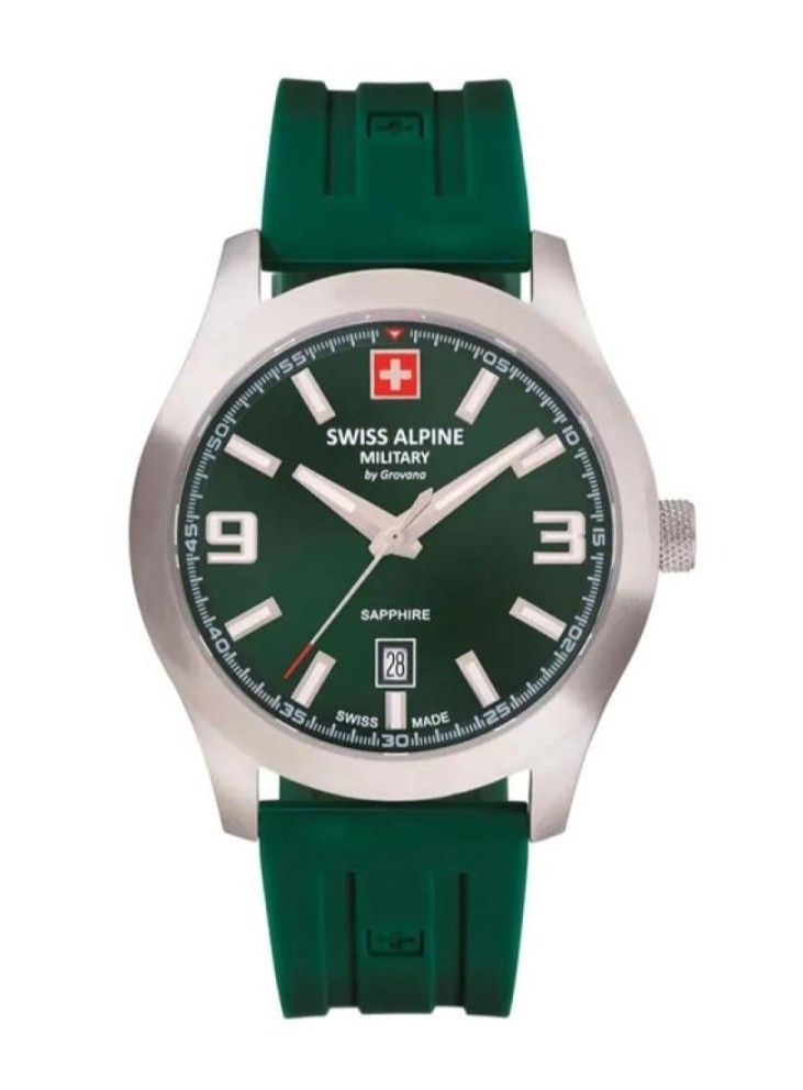 Swiss Alpine Military Combat Pro Rubber Strap Green Dial. A brand-new Swiss Alpine Military Combat watch featuring a Green dial and a Rubber strap. Front view.
