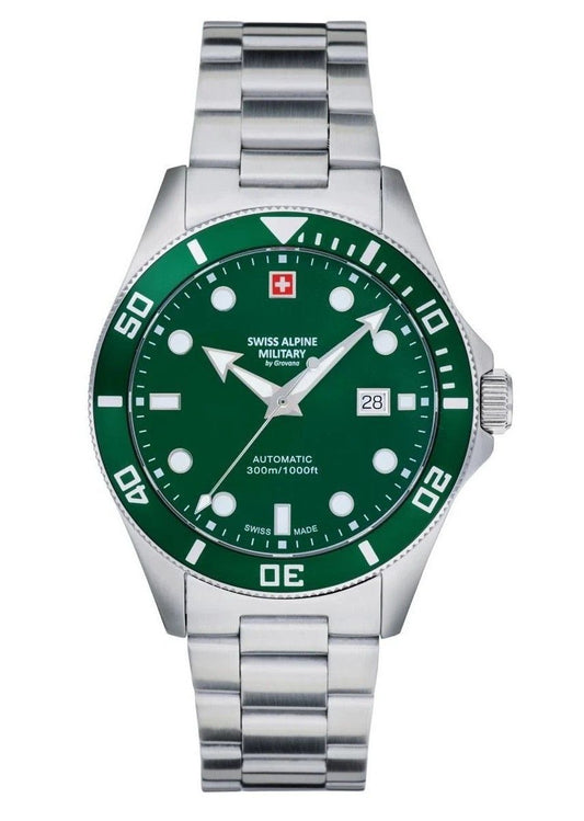 Swiss Alpine Military Deep Sea Stainless Steel Green Dial. A brand-new Swiss Alpine Military watch featuring a Green dial and a Stainless steel strap. Angled view.