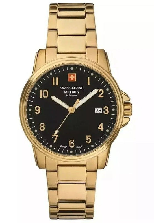 Swiss Alpine Military Leader Ladies Gold Tone Stainless. A brand-new Swiss Alpine Military Leader watch featuring a Black dial and a Stainless steel strap. Front view.