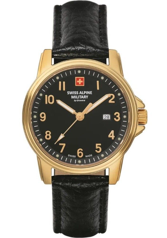 Swiss Alpine Military Leader Ladies Leather Strap Black. A brand-new Swiss Alpine Military Leader watch featuring a Black dial and a Leather strap. Front view.