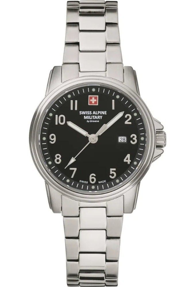 Swiss Alpine Military Leader Ladies Stainless Steel Black. A brand-new Swiss Alpine Military Leader watch featuring a Black dial and a Stainless steel strap. Angled view.