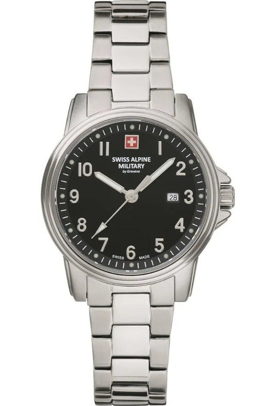 Swiss Alpine Military Leader Ladies Stainless Steel Black. A brand-new Swiss Alpine Military Leader watch featuring a Black dial and a Stainless steel strap. Angled view.