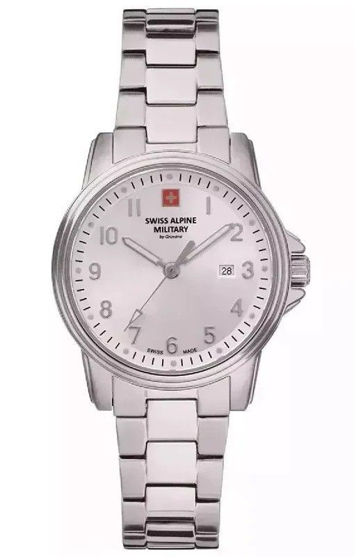 Swiss Alpine Military Leader Ladies Stainless Steel Silver. A brand-new Swiss Alpine Military Leader watch featuring a Silver dial and a Stainless steel strap. Angled view.