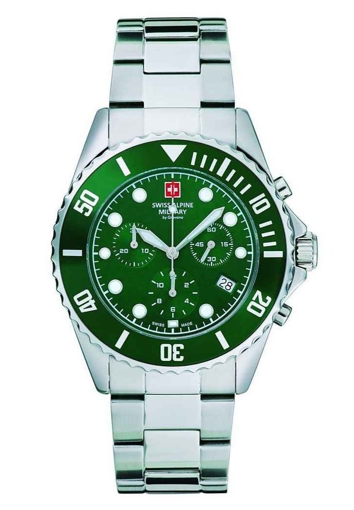 Swiss Alpine Military Master Diver Chronograph Stainless. A brand-new Swiss Alpine Military Master Diver watch featuring a Green dial and a Stainless steel strap. Angled view.