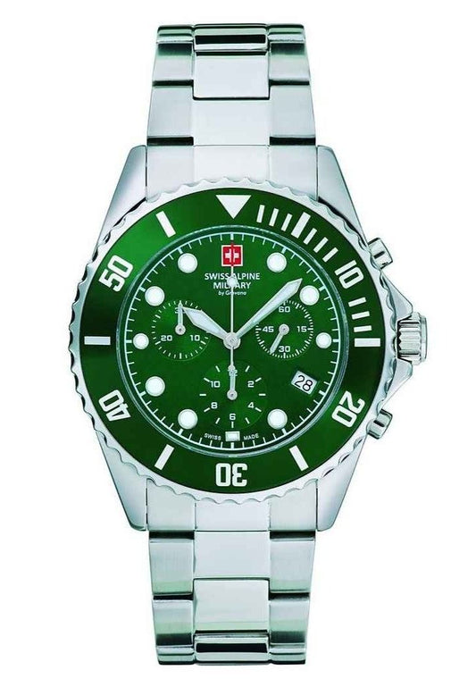 Swiss Alpine Military Master Diver Chronograph Stainless. A brand-new Swiss Alpine Military Master Diver watch featuring a Green dial and a Stainless steel strap. Angled view.