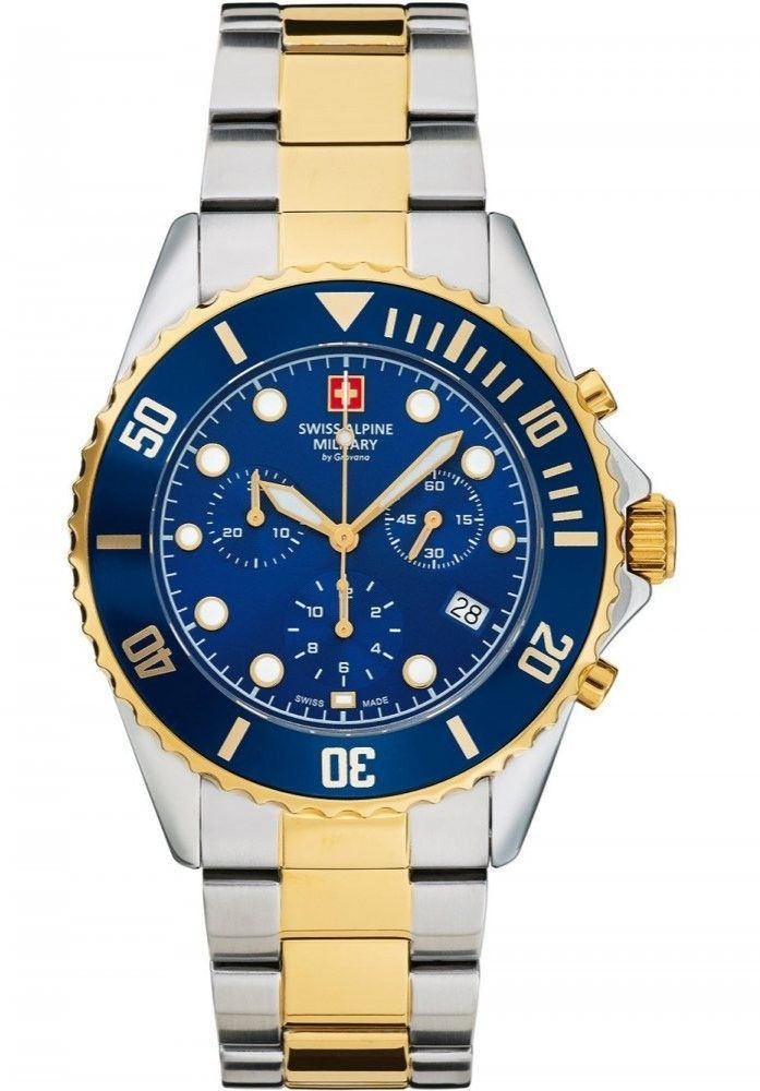 Swiss Alpine Military Master Diver Chronograph Two Tone. A brand-new Swiss Alpine Military Master Diver watch featuring a Blue dial and a Stainless steel strap. Angled view.