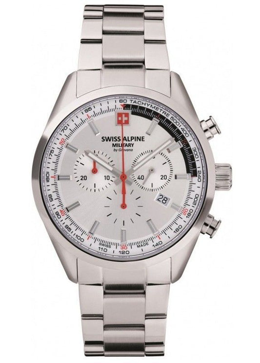 Swiss Alpine Military Pegasus Chronograph Stainless Steel. A brand-new Swiss Alpine Military watch featuring a Silver dial and a Stainless steel strap. Side view.
