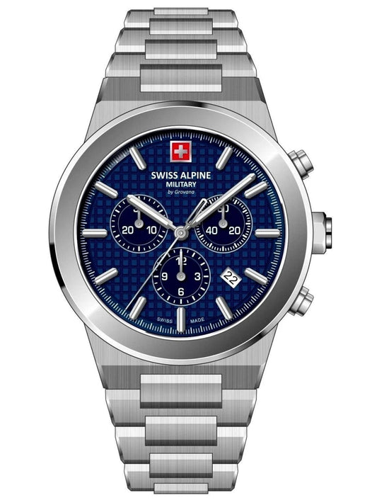 Swiss Alpine Military Pioneer Chronograph Stainless Steel. A brand-new Swiss Alpine Military Pioneer watch featuring a Blue dial and a Stainless steel strap. Angled view.