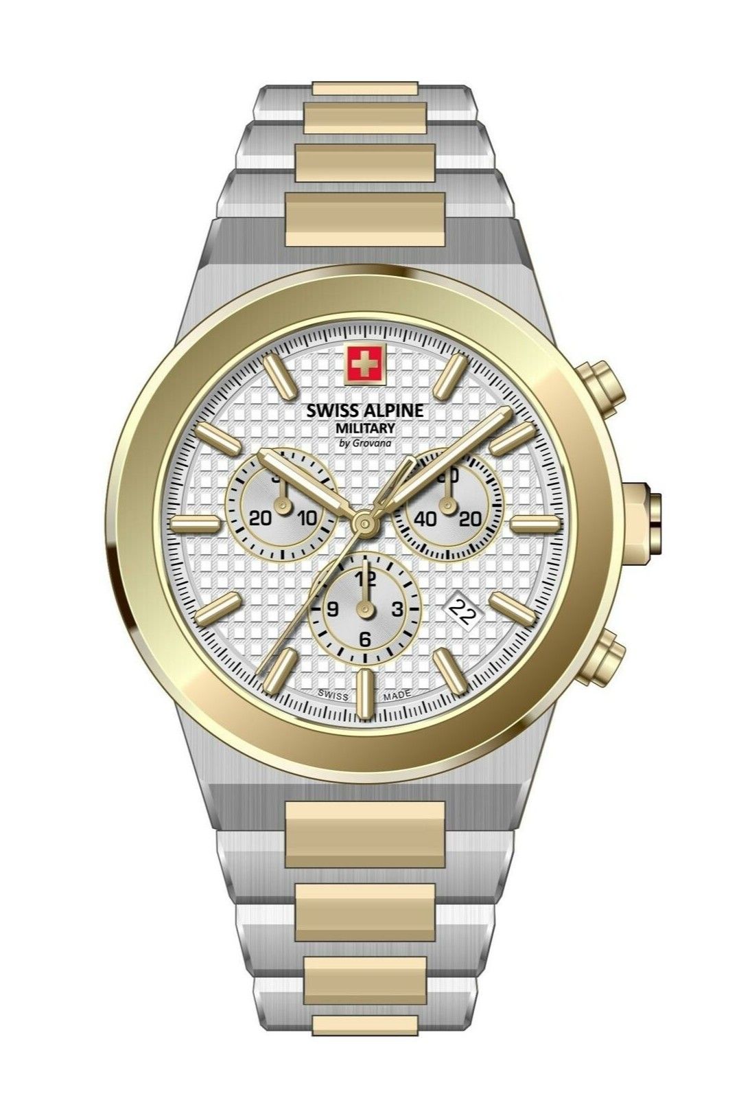 Swiss Alpine Military Pioneer Chronograph Two Tone. A brand-new Swiss Alpine Military Pioneer watch featuring a Silver dial and a Stainless steel strap. Side view.