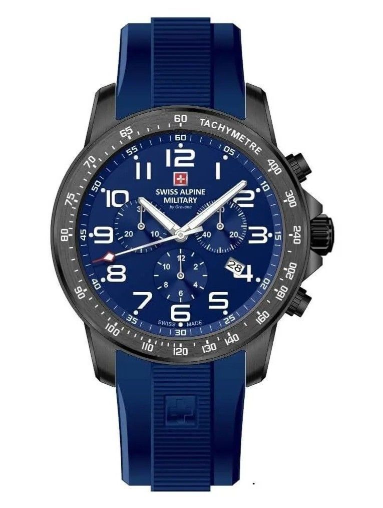 Swiss Alpine Military Ranger Chronograph Rubber Strap Blue. A brand-new Swiss Alpine Military watch featuring a Blue dial and a Rubber strap. Front view.