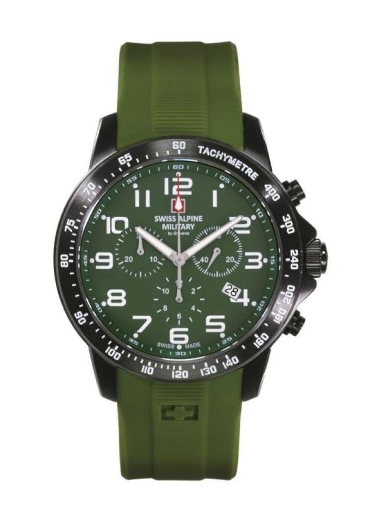 Swiss Alpine Military Ranger Chronograph Rubber Strap Green. A brand-new Swiss Alpine Military watch featuring a Green dial and a Rubber strap. Side view.