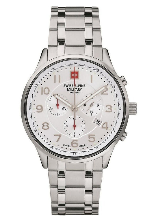 Swiss Alpine Military Skymaster Chronograph Stainless Steel. A brand-new Swiss Alpine Military watch featuring a Silver dial and a Stainless steel strap. Angled view.