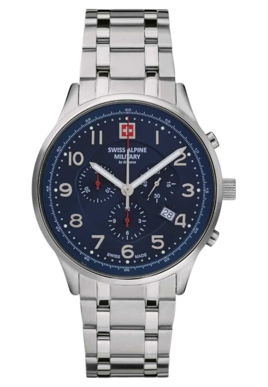 Swiss Alpine Military Skymaster Chronograph Stainless Steel. A brand-new Swiss Alpine Military watch featuring a Blue dial and a Stainless steel strap. Side view.
