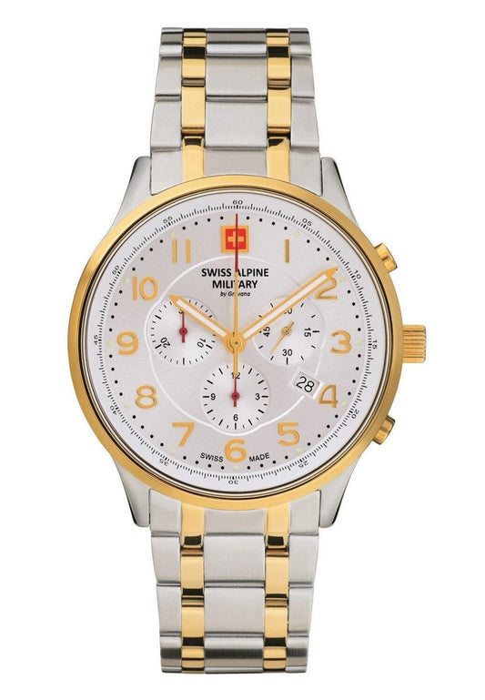 Swiss Alpine Military Skymaster Chronograph Two Tone. A brand-new Swiss Alpine Military watch featuring a Silver dial and a Stainless steel strap. Side view.