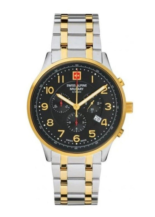 Swiss Alpine Military Skymaster Chronograph Two Tone. A brand-new Swiss Alpine Military watch featuring a Black dial and a Stainless steel strap. Side view.