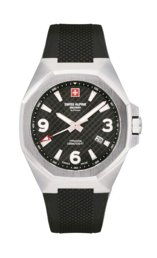 Swiss Alpine Military Typhoon Polyurethene Strap Black Dial. A brand-new Swiss Alpine Military Typhoon watch featuring a Black dial and a Polyurethane (PU) strap. Front view.